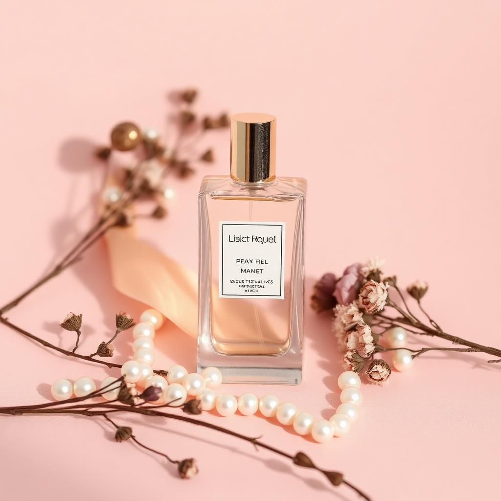 Perfume delicado com pétalas e pérolas